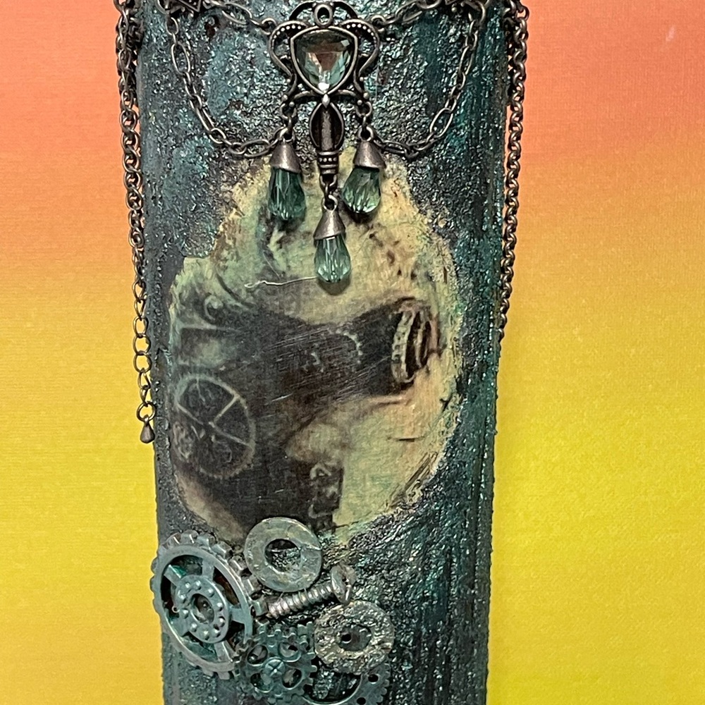 Steampunk Kitty Decorative Bottle with Gears Handcrafted - Picture 4 of 13